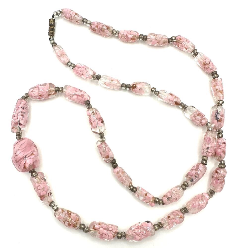 Vintage pink gold tone glitter art glass beads beaded graduated 27" necklace